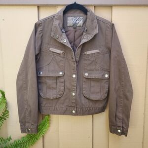 MNG by Mango Brown Denim Jacket Cropped Snap Closure Pockets Women XS *READ*